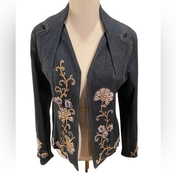 Vintage Pamela McCoy Women's Denim Floral Boho Chic Embroidered Floral Blazer M